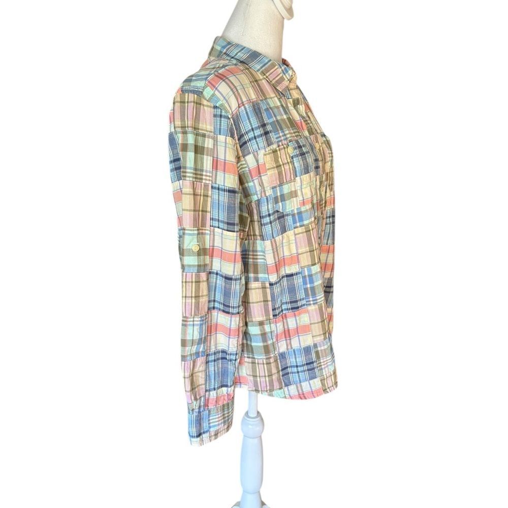 Ll Bean Button Front Top Plaid Patchwork Long Sle… - image 3